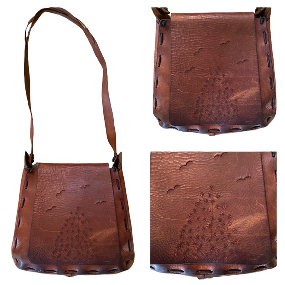 Vintage Handbags - Vintage 1970s Tooled Leather Whipstitched Satchel Bag Crossbody
